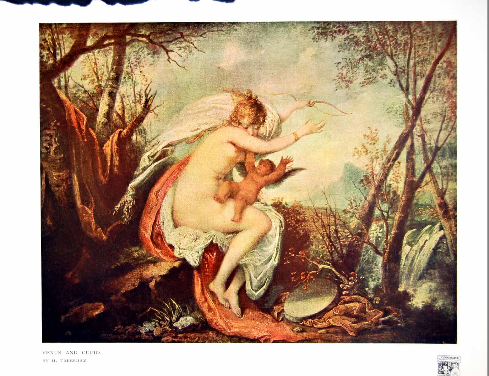 Original Old Antique Print Venus And Cupid H Tressham Trees Waterfall 1914 20th