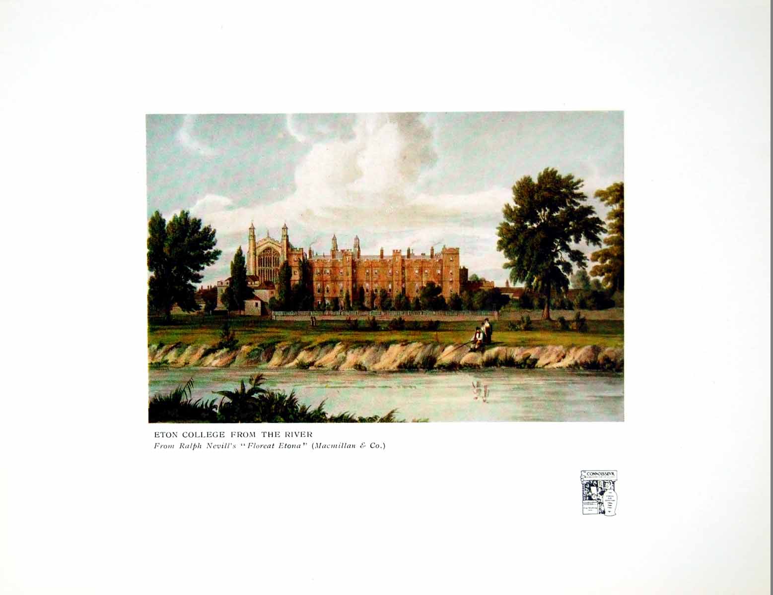Antique Old Print Eton College From The River Trees Fishermen Buildings 1914
