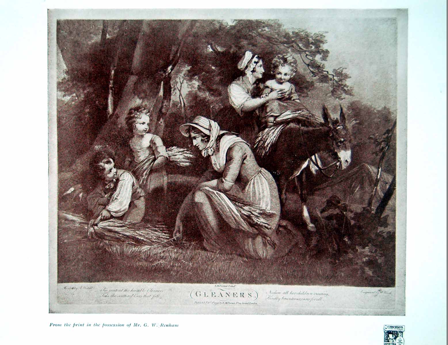 Original Old Antique Print Gleaners Lady Children Donkey Wheat Stalks 1914 20th