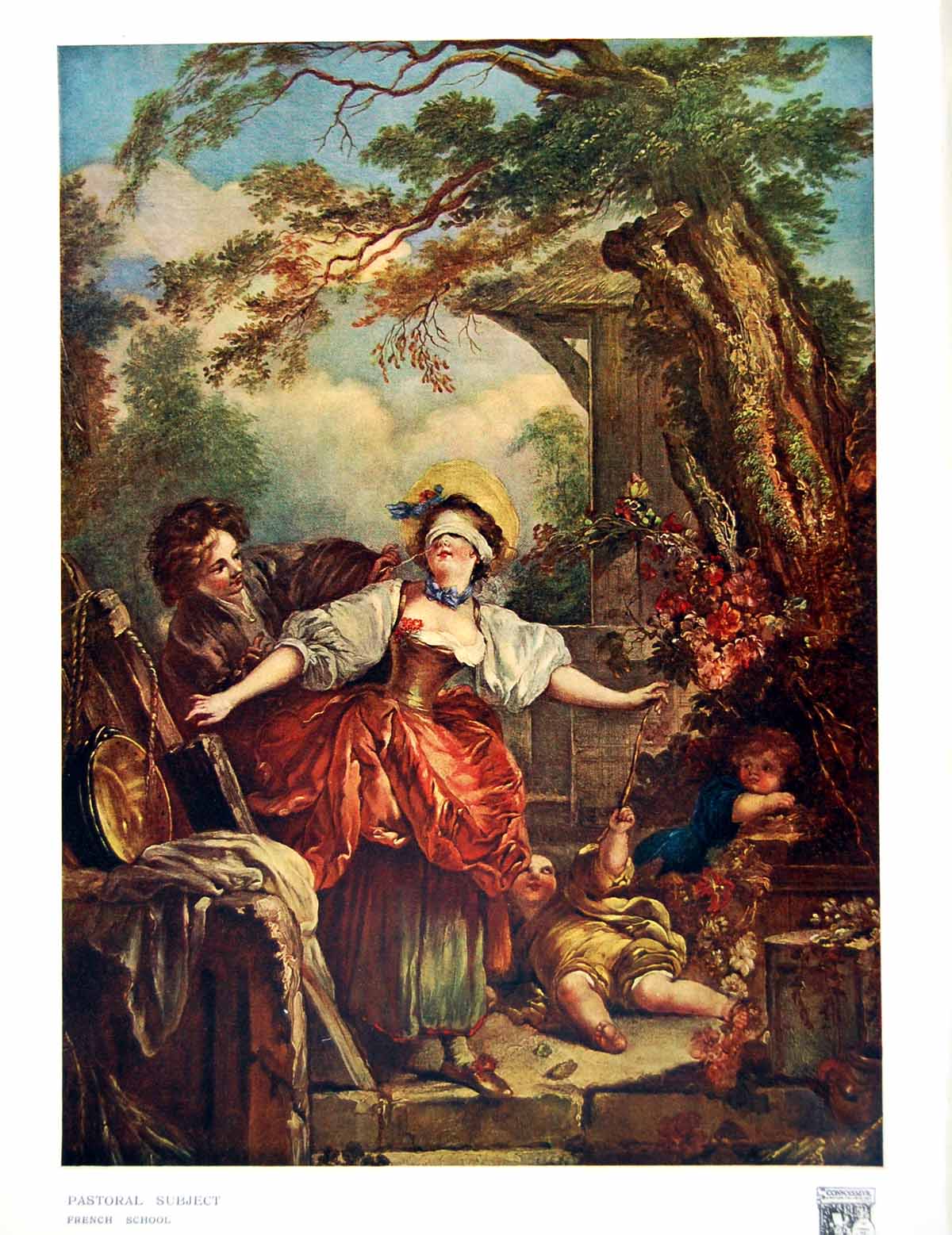 Original Old Antique Print Pastoral Subject French School Blindfed Girl 1914