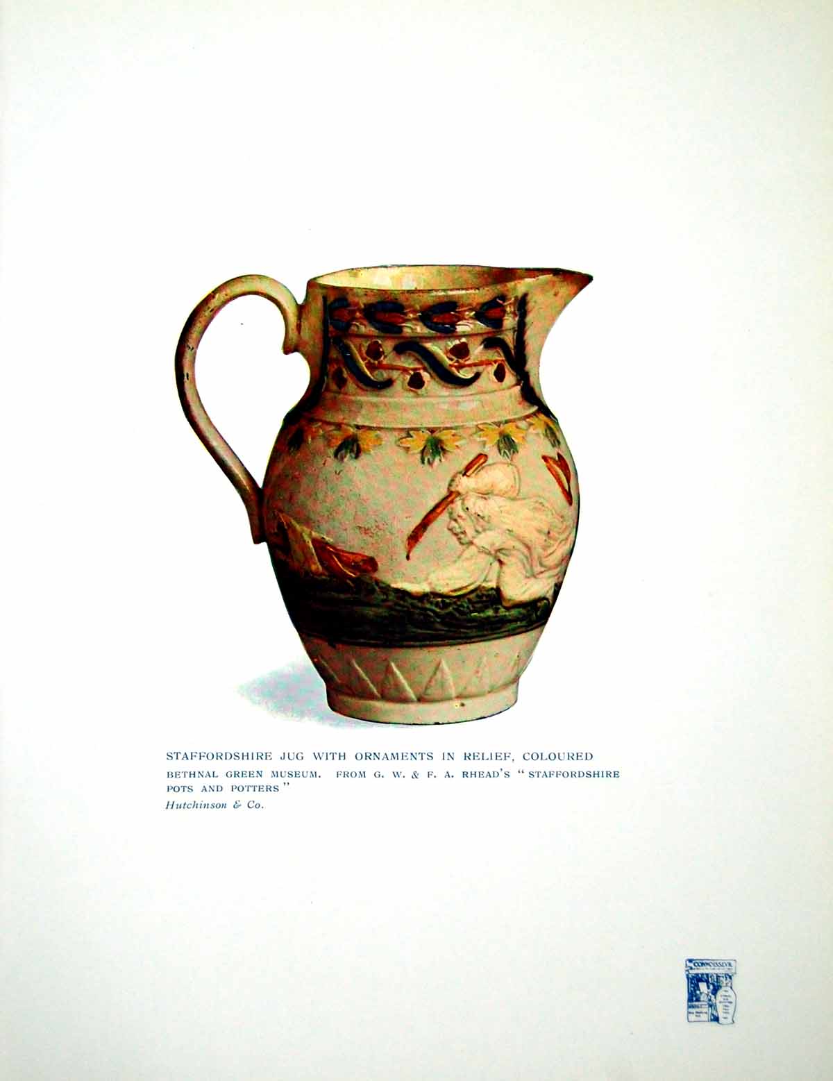 Antique Old Print Staffordshire Jug With Ornaments In Relief Coloured 1914 20th