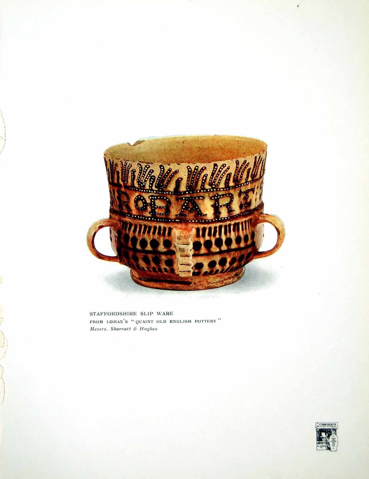 Original Old Antique Print Staffordshire Slip Ware From Lomax'S Book 1914 20th