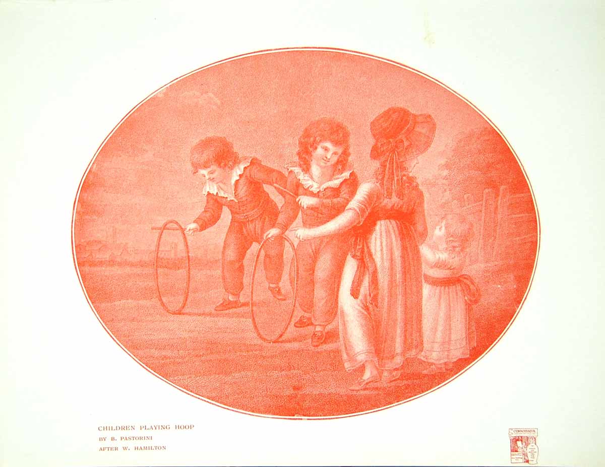 Antique Old Print Children Playing Hoop By B Pastorini After W Hamilton 1914