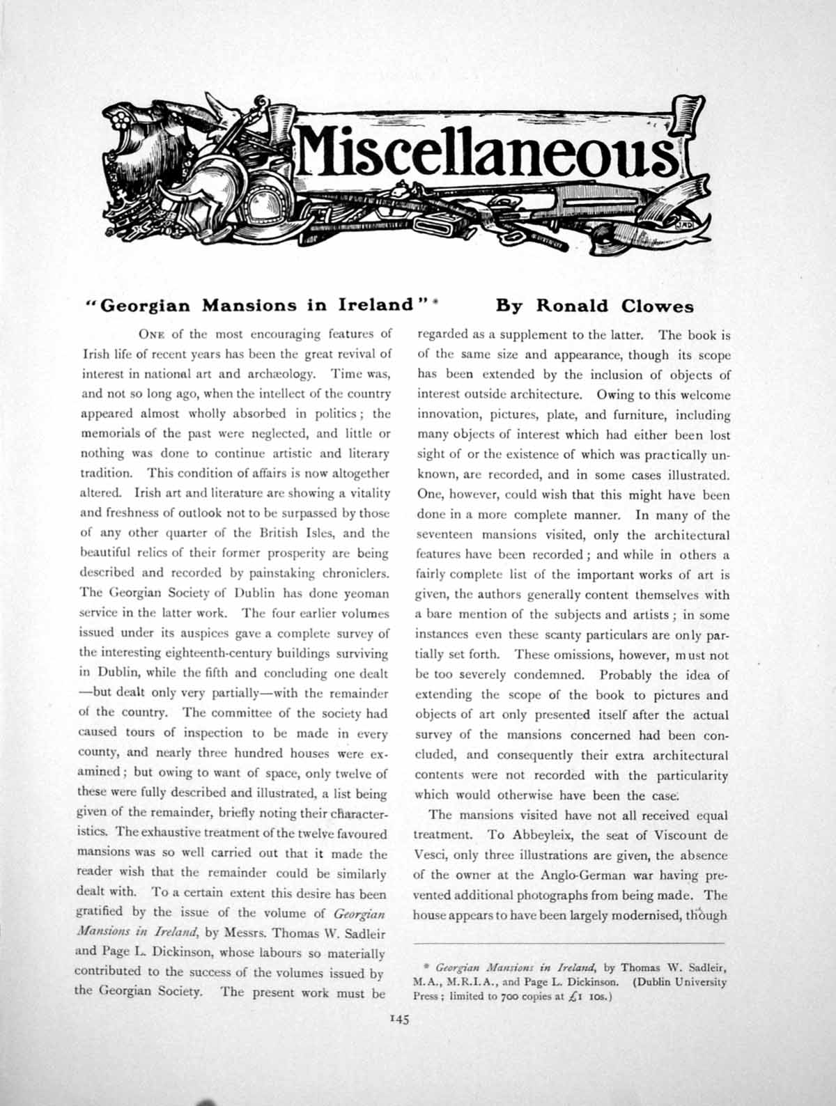 Old Antique Print Georgian Mansions In Ireland CurraghmorePages 1915