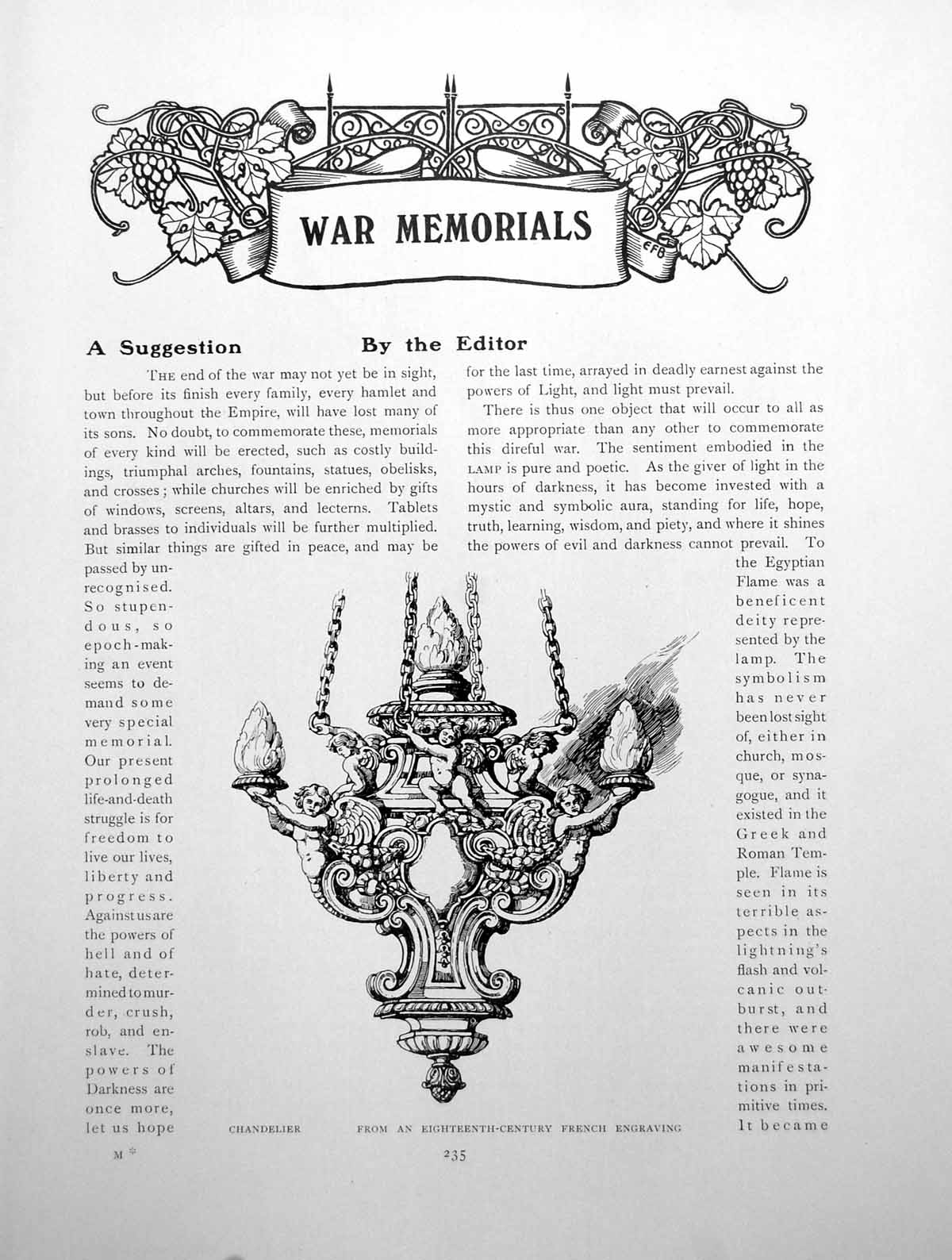 Old Antique Print War Memorials A Suggestion Chandelier LampPages 1915