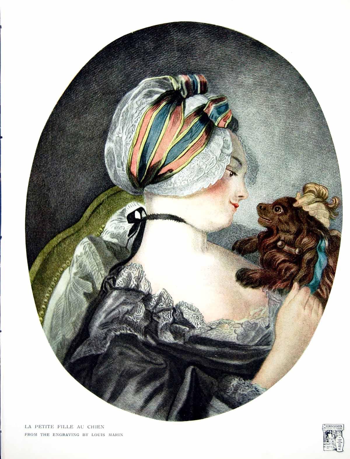 Antique Print La Petite Fille Au Chien Engraving Louis Marin Girl Dog 1915 20th