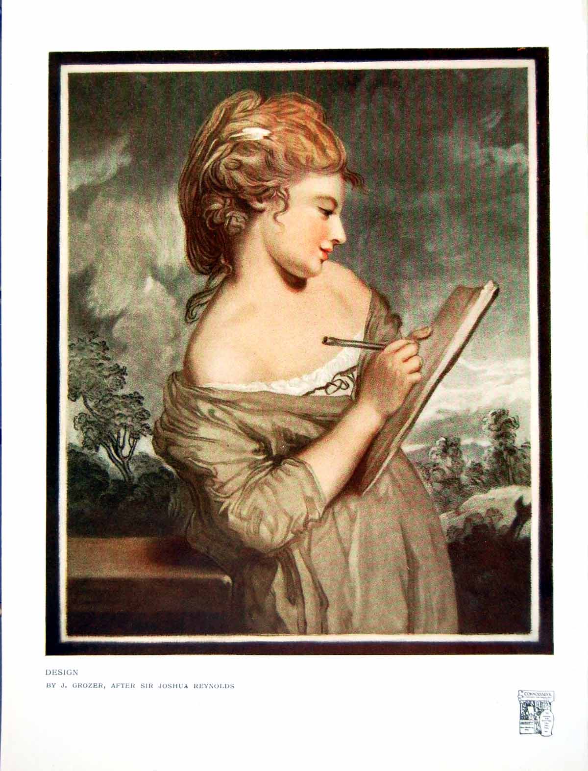 Antique Print Design Lady Drawing By J Grozer After Sir Joshua Reyns 1915 20th