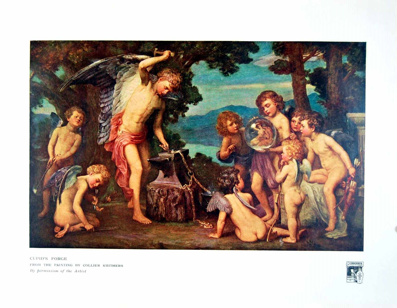 Original Old Antique Print Cupid'S Forge From Painting By Collier Smithers 1916