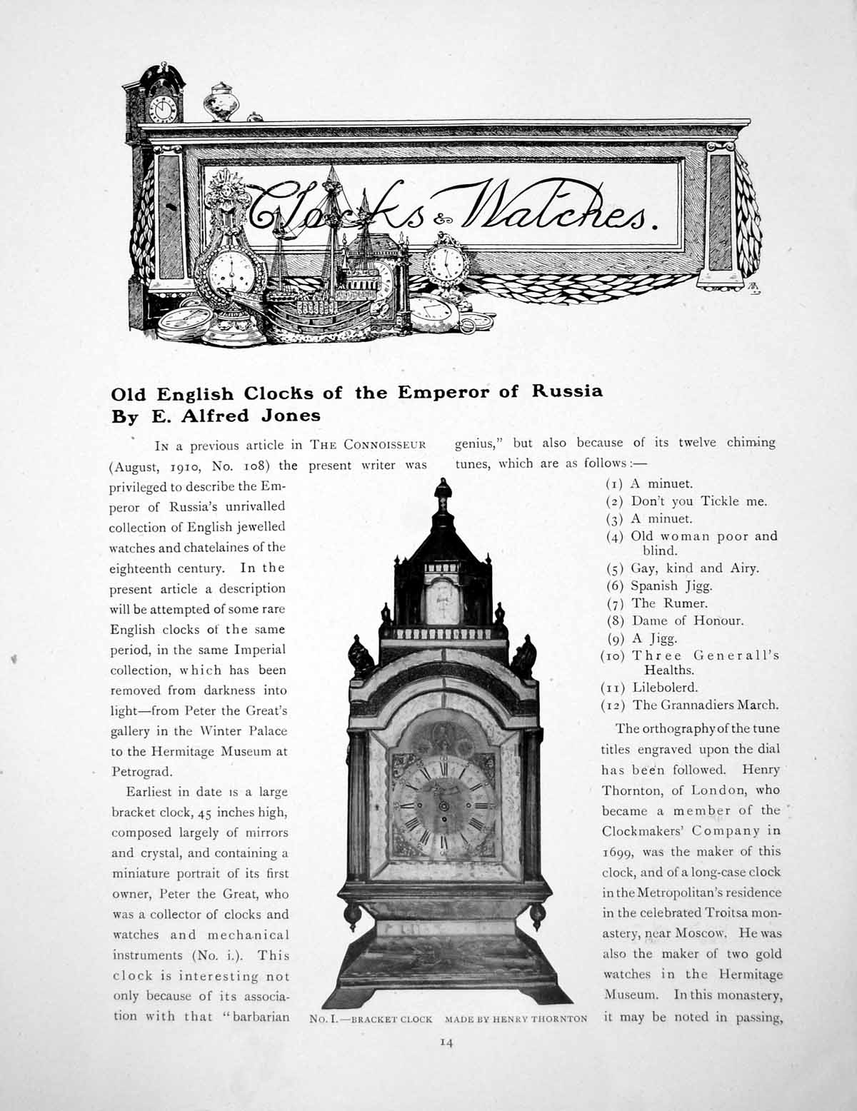 Original Old Antique Print English Clocks The Emperor RussiaPages 1916