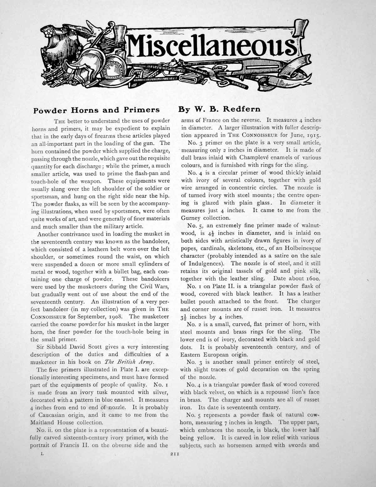 Old Antique Print Powder Horns And Primers Ivory Brass WoodPages 1916
