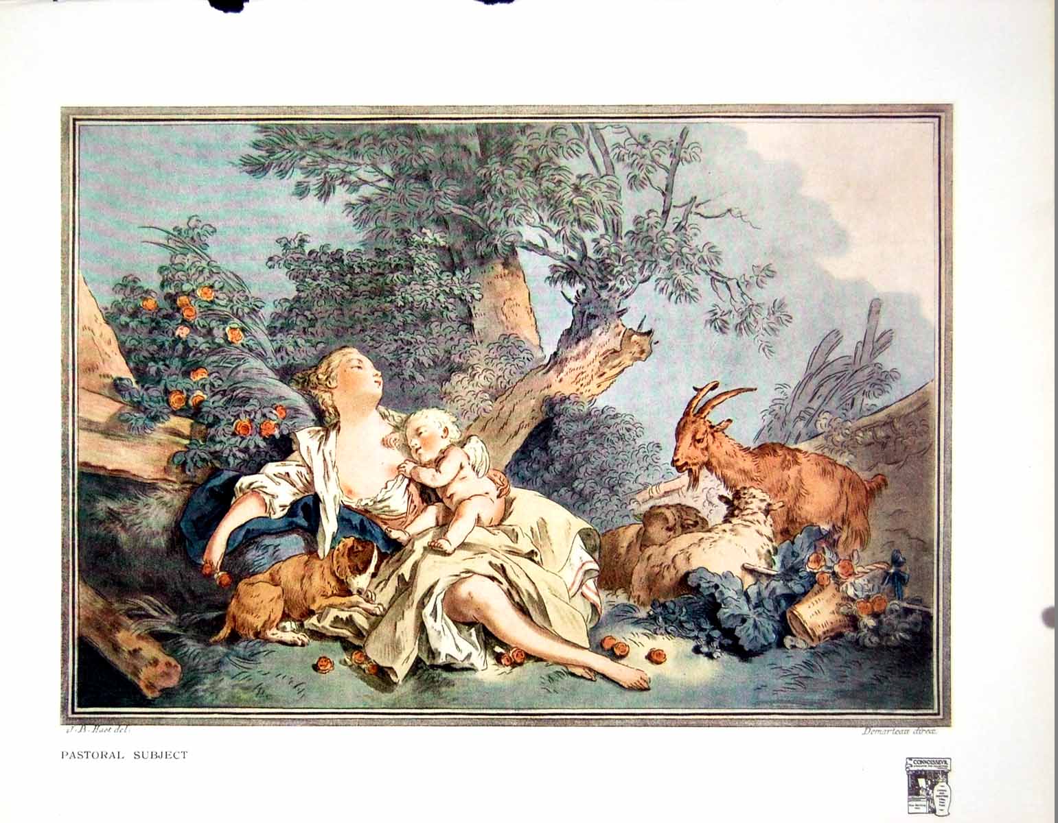 Antique Print Pastoral Subject Lady Reclining Babe On Lap Animals Dog 1916 20th