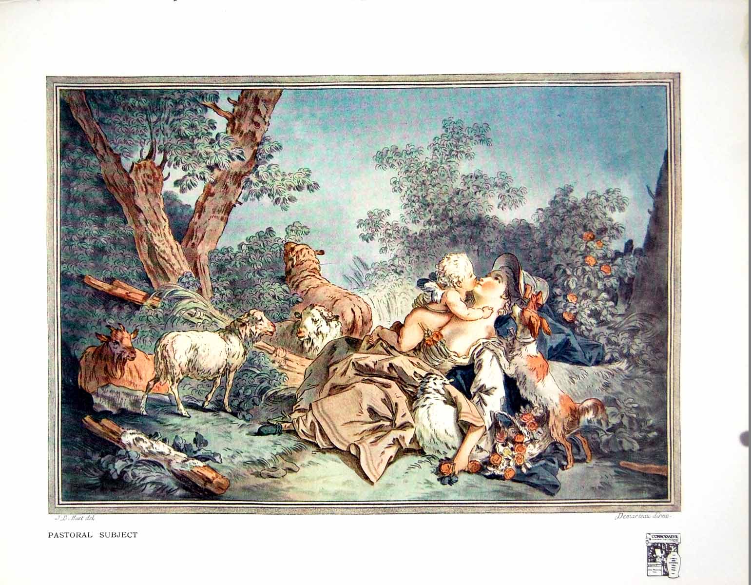 Old Antique Print Pastoral Subject Lady Reclining Babe Animals Dog 1916 20th