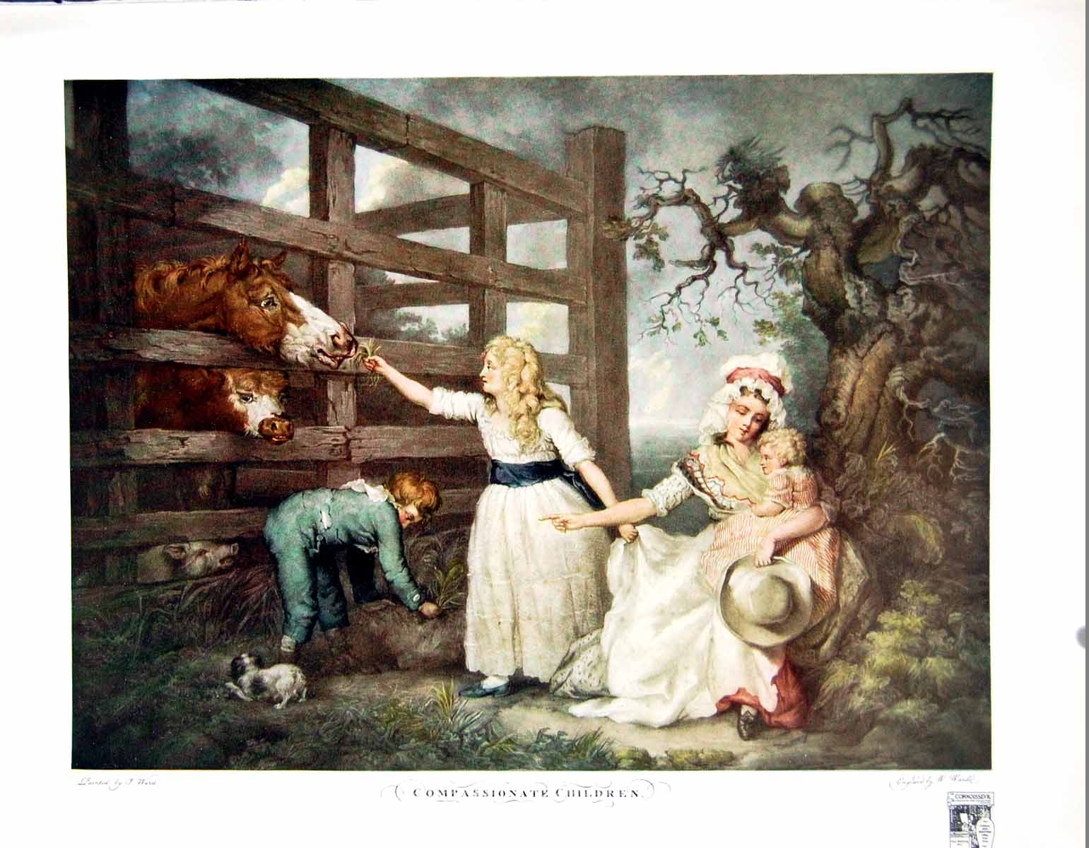 Antique Old Print Compassionate Children Feeding Livestock Through Fence 1916