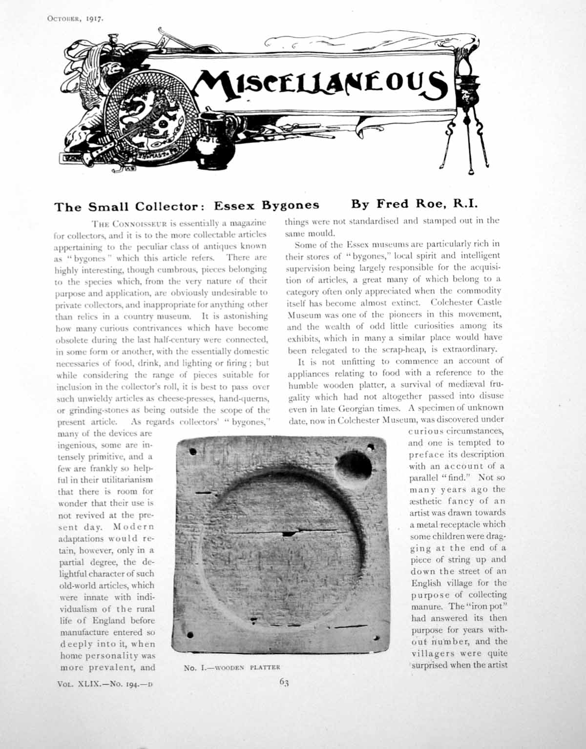 Antique Old Print Small Collector Essex Bygones Wooden PlatterPages 1917