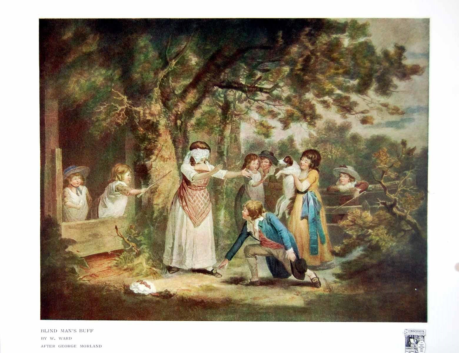 Old Vintage Print Blind Man'S Buff W Ward After George Morland Trees 1917 20th