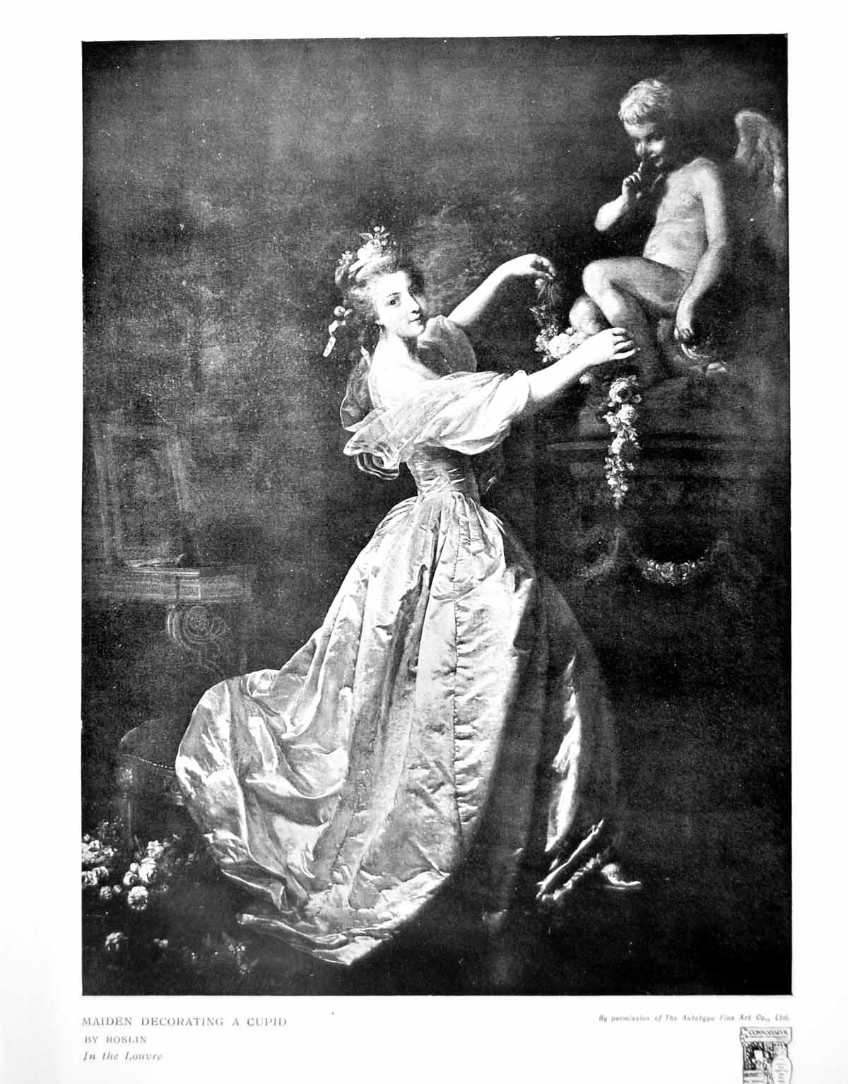 Antique Old Print Maiden Decorating A Cupid Roslin Louvre Flower Garland 1917