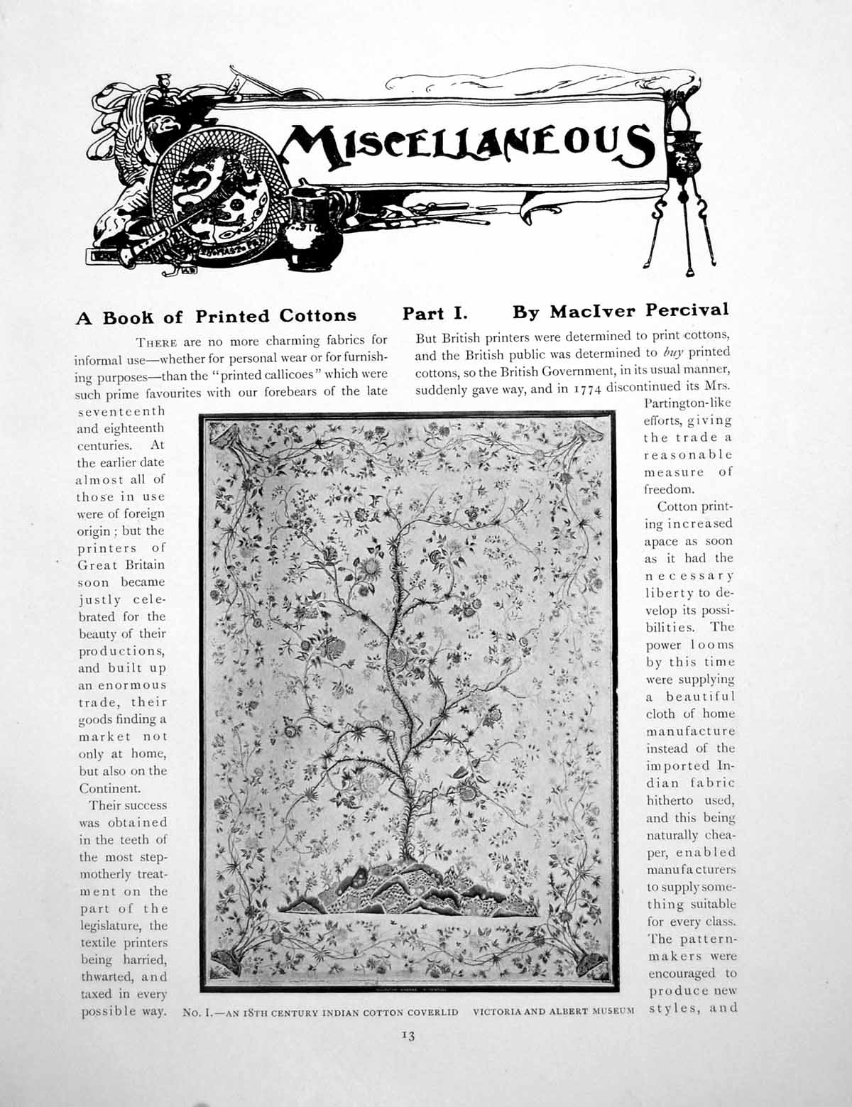 Old Vintage Print A Book ed Cottons Part I Indian CoverlidPages 1918