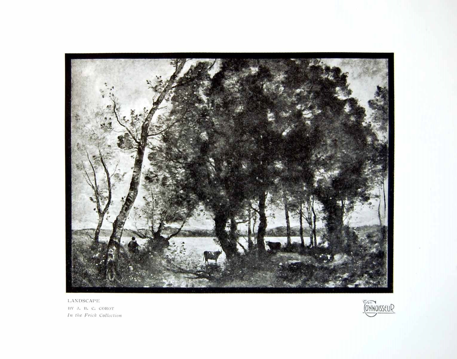 Antique Print Landscape Jbc Corot Frick Collection Trees Cattle Water 1918 20th