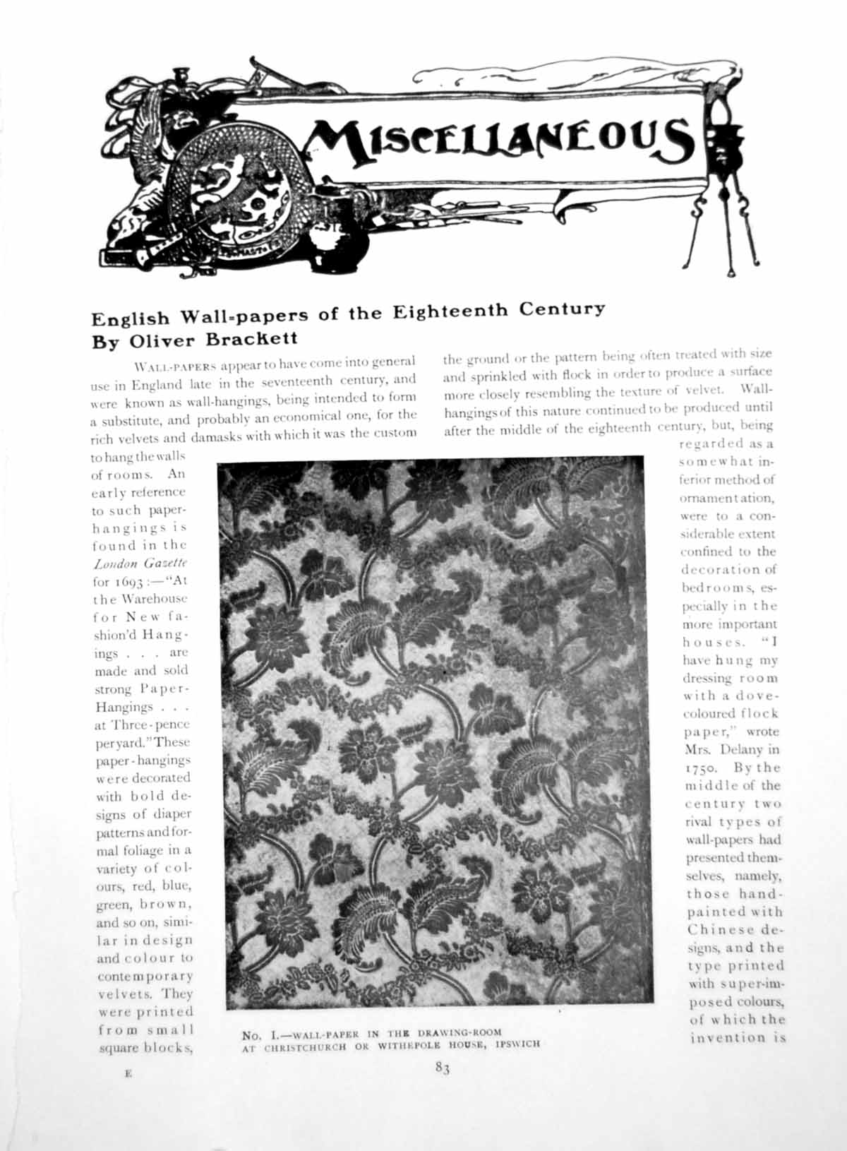 Old Vintage Print English Wall-Papers The Eighteenth CenturyPages 1918