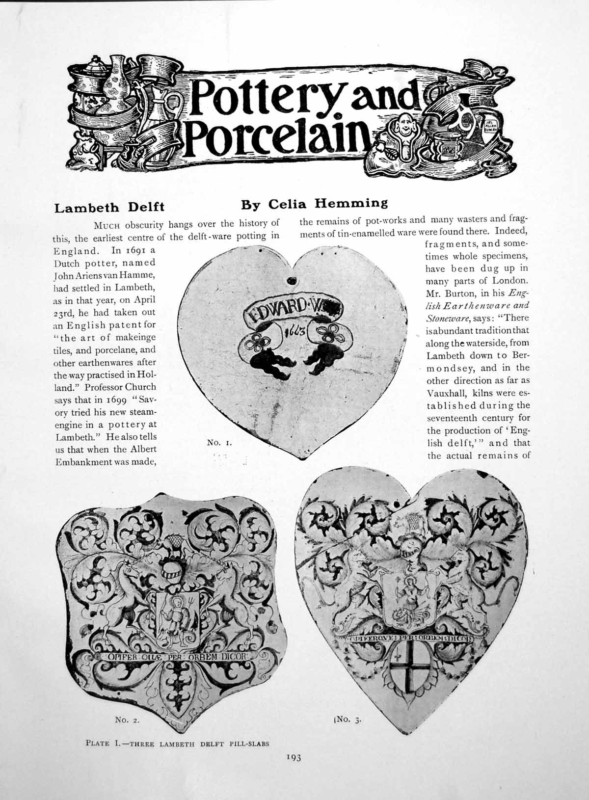 Antique Old Print Pottery And Porcelain Lambeth Delft Pill-SlabsPages 1918