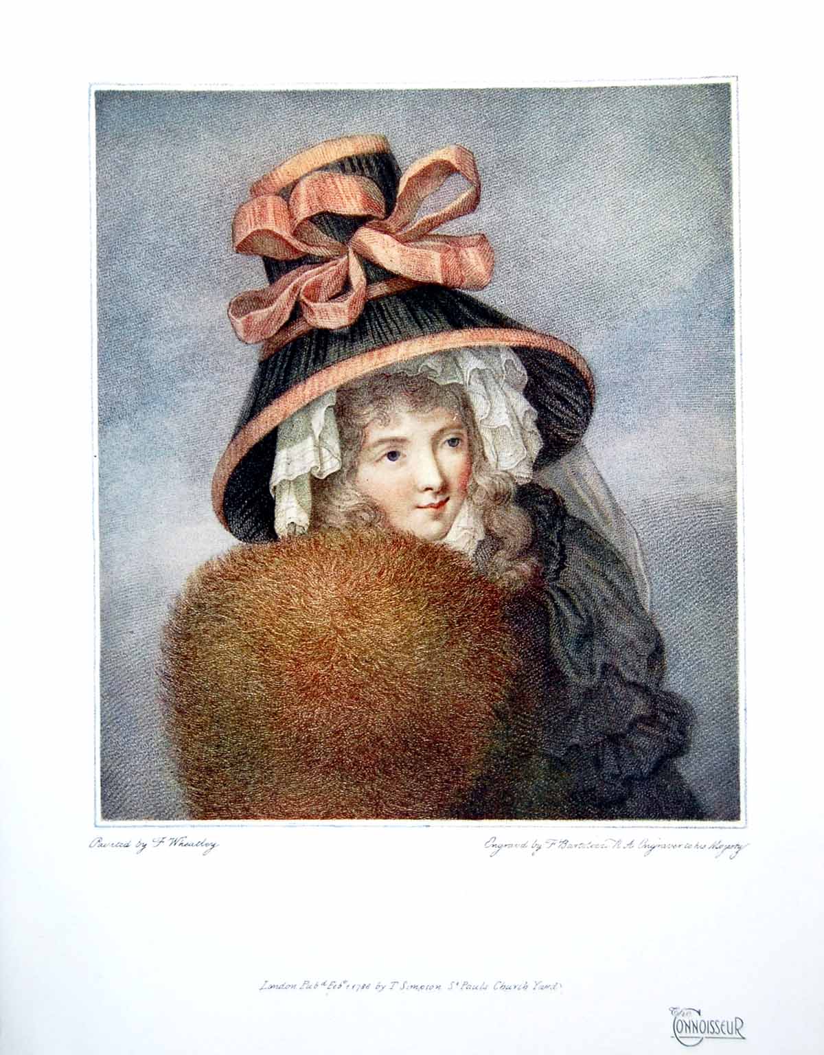 Original Old Vintage Print F Wheatley Young Woman Large Hat Fur Muffler 1918