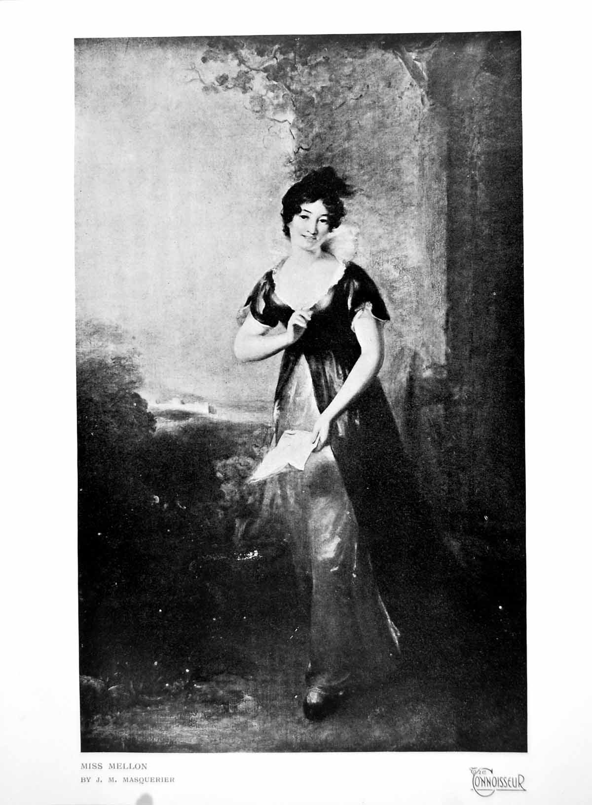 Antique Old Print Miss Mellon Jm Masquerier Walking Hing Papers Outside 1918