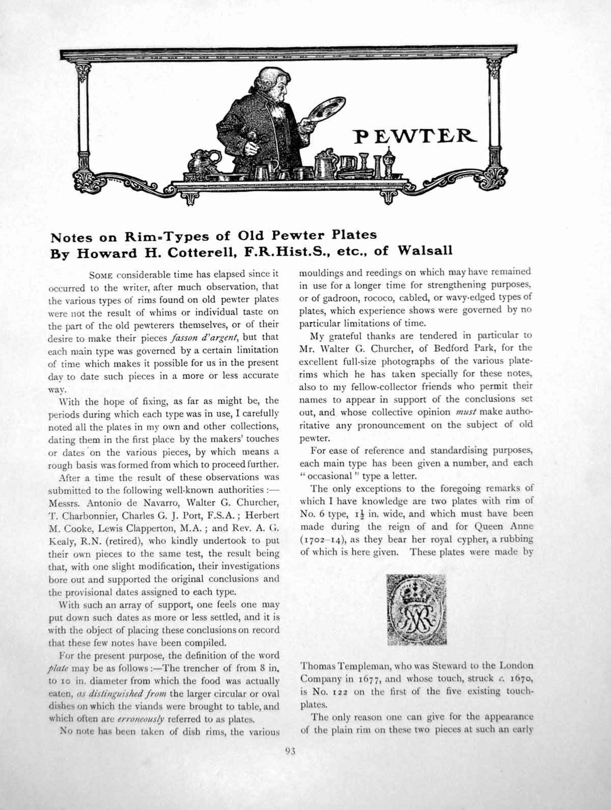 Antique Old Print Notes On Rim-Types Pewter PlatesExamplesPages 1919