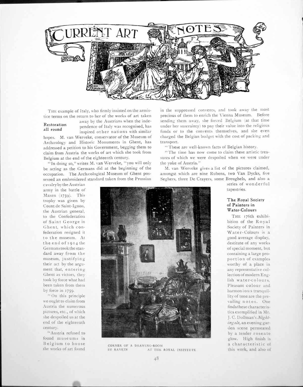 Antique Old Print Current Art Notes Restoration Rankin HuntsmanPages 1919