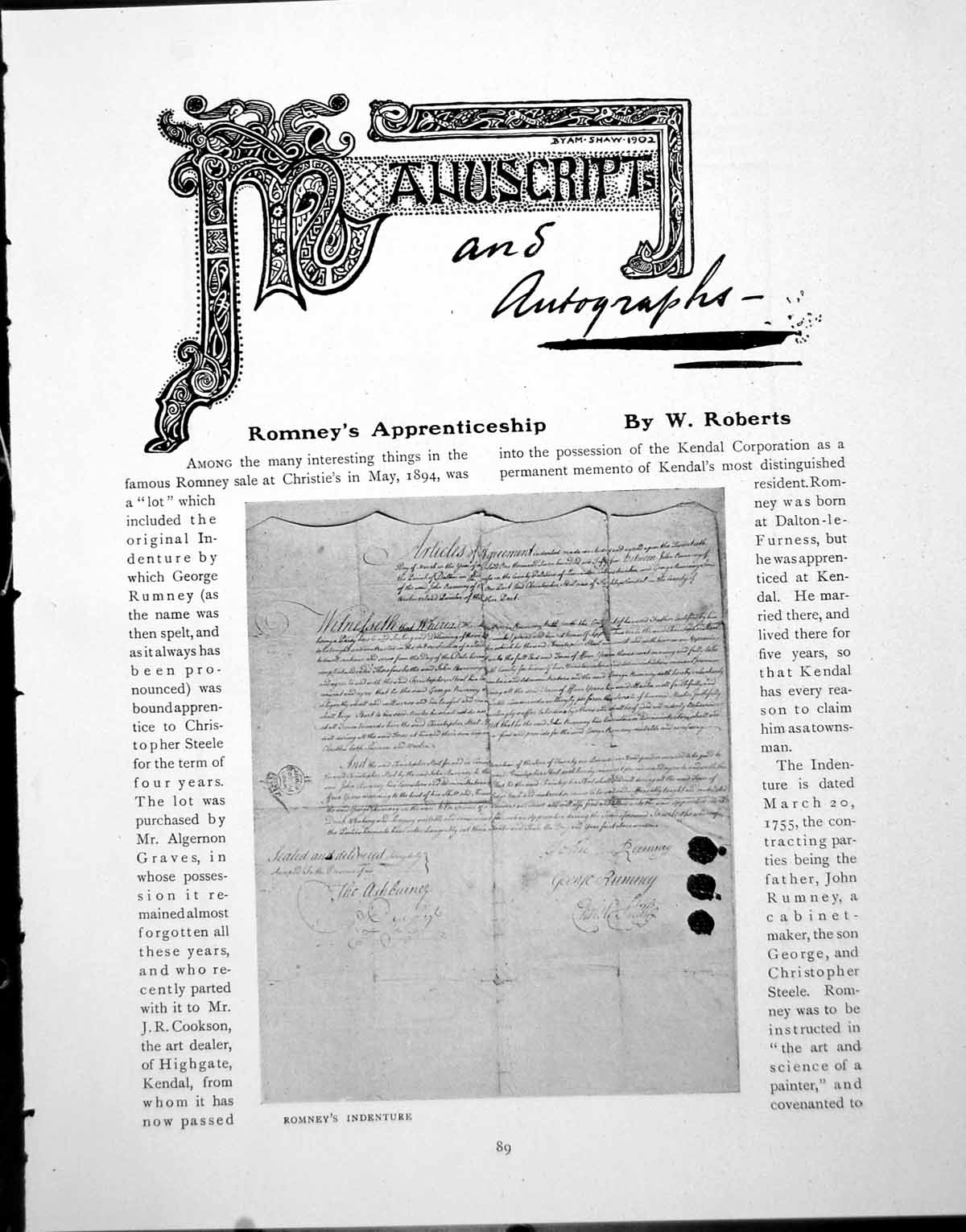 Old Print Romney'S Apprenticeship Indenture A Walker'S LetterPage 1919