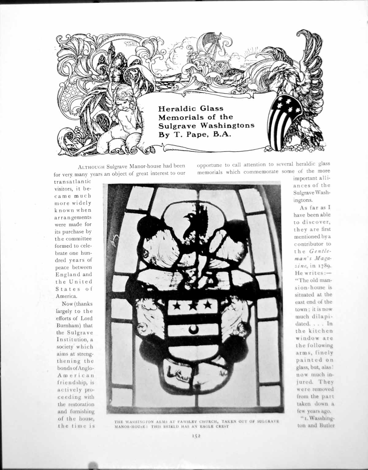 Antique Old Print Heraldic Glass Memorials Sulgrave WashingtonsPages 1919