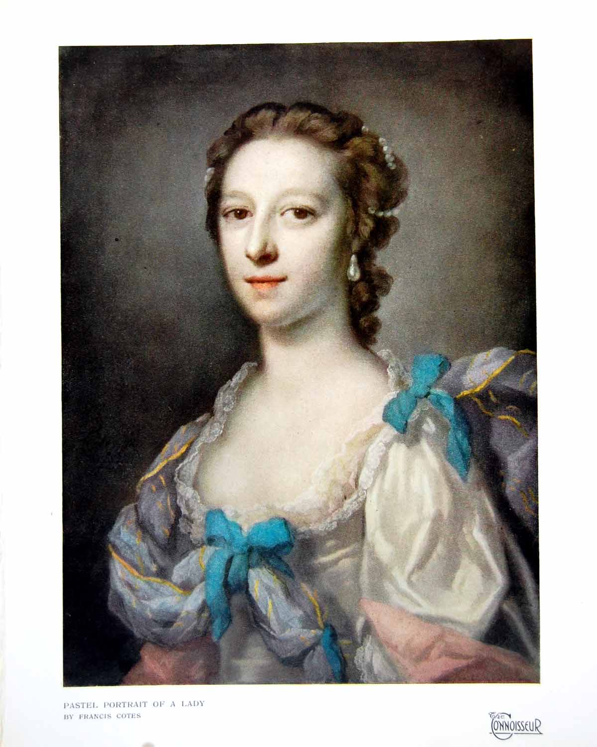 Old Vintage Print Pastel Portrait A Lady By Francis Cotes Blue Bows 1919 20th