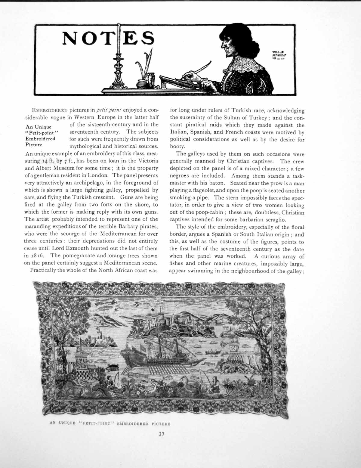 Antique Print Notes Petit-Point Embroidered Picture Slip WarePages 1920