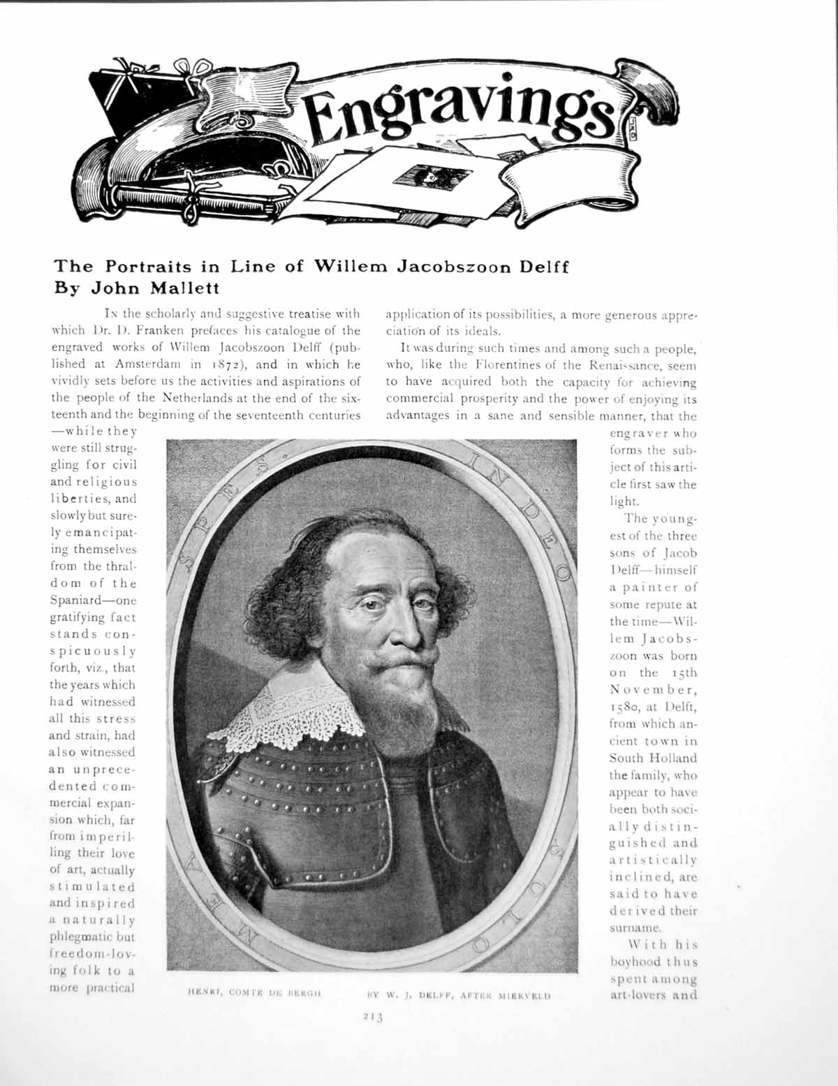 Antique Old Print The Portrait In Line Willem Jacobszoon DelffPages 1920