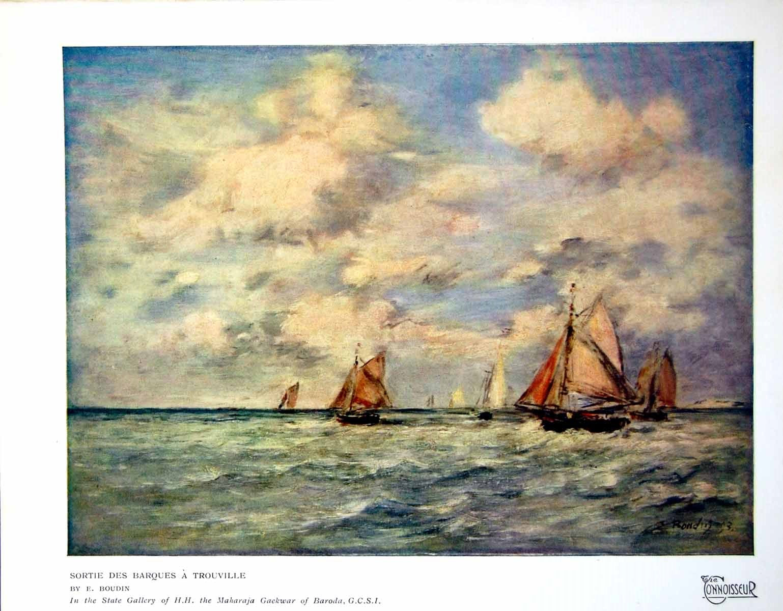 Antique Old Print Sortie Des Barques A Trouville E Boudin Fishing Boats 1920