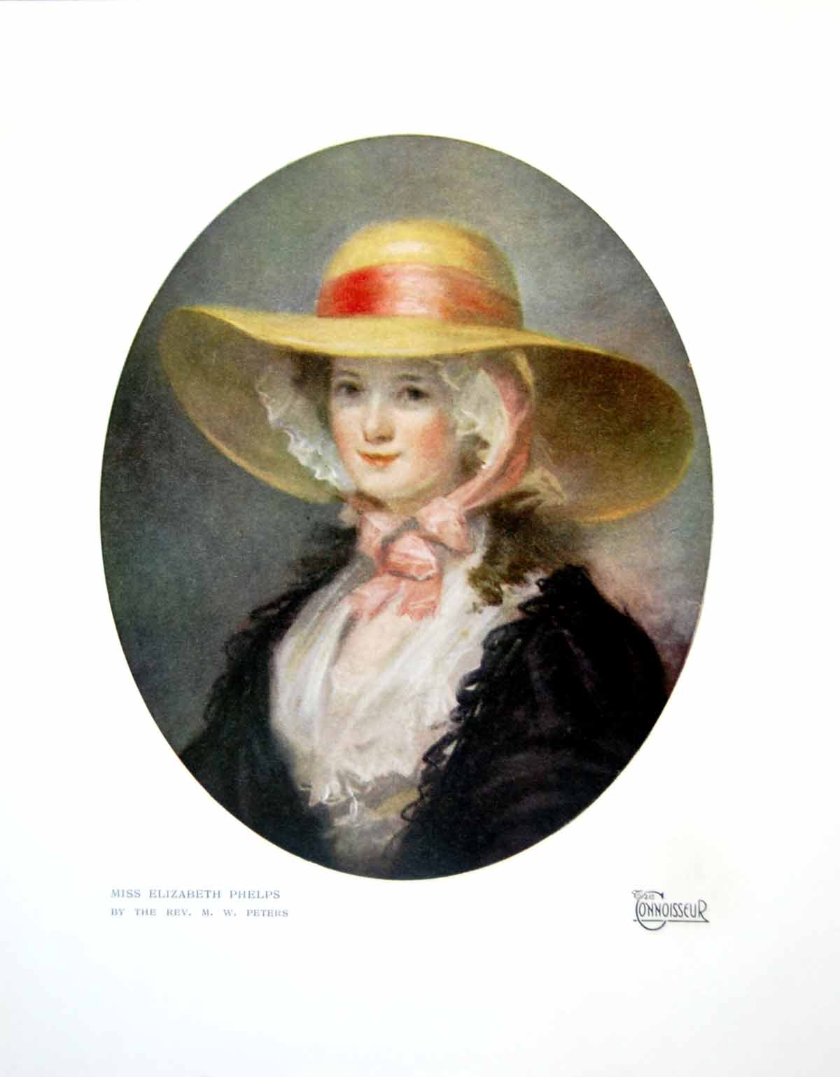 Old Print Miss Elizabeth Phelps Rev Mw Peters Black Jacket Wide Hat 1920 20th
