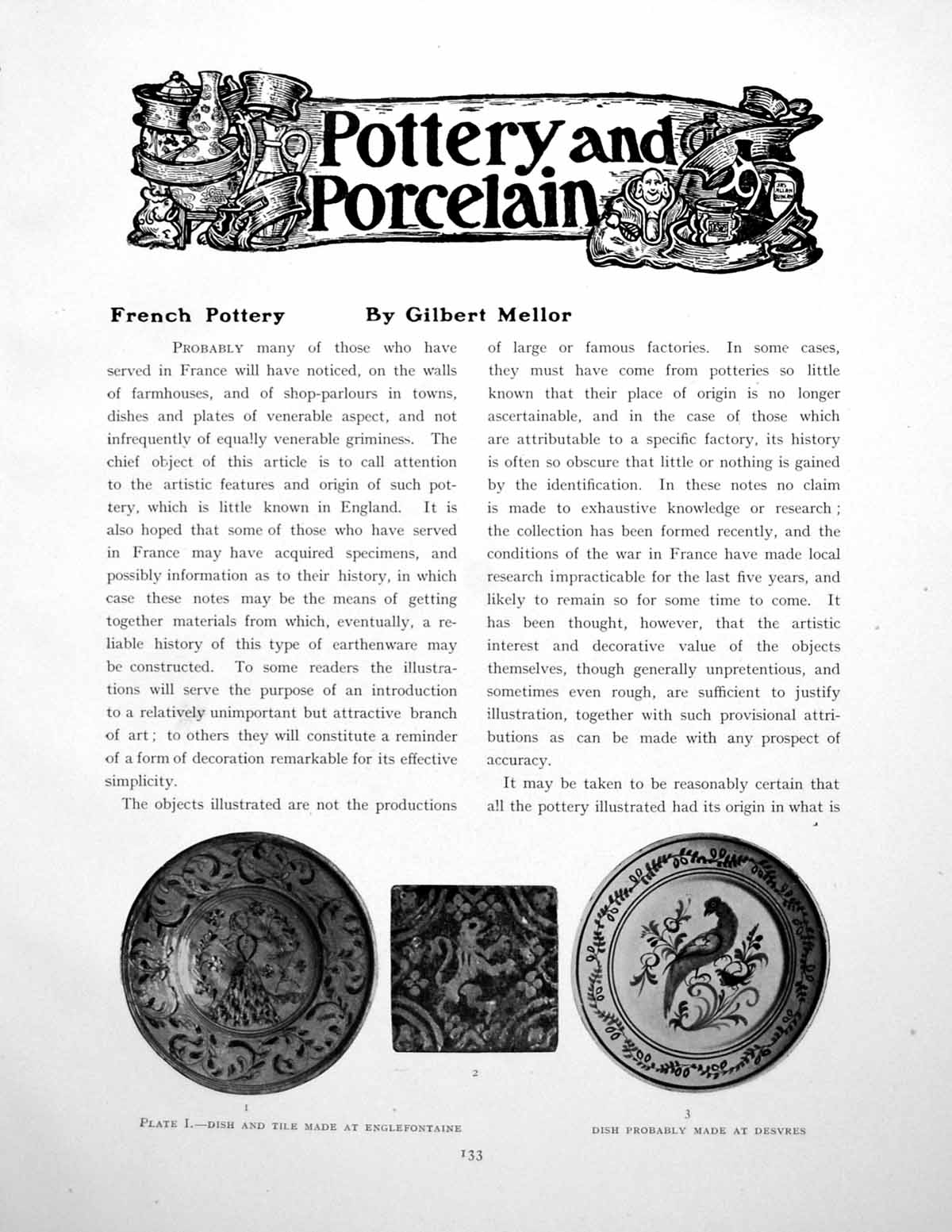 Antique Old Print French Pottery Dish Tile Englefontaine DesvresPages 1920