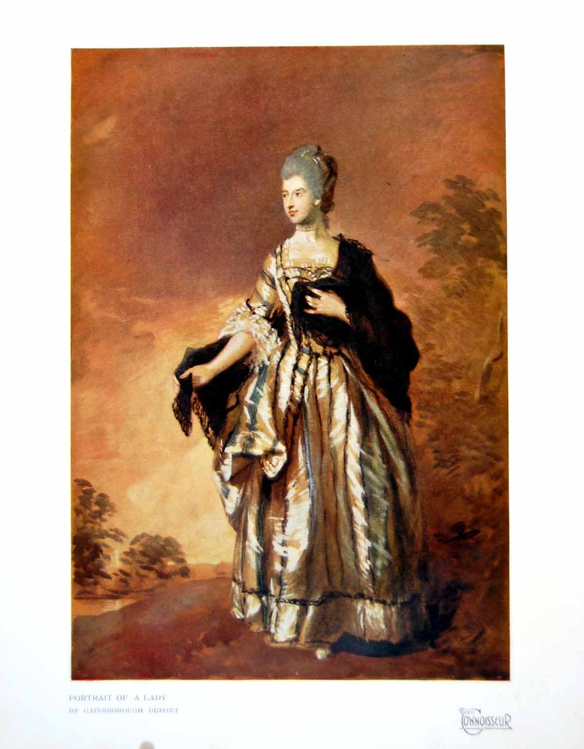 Old Vintage Print Portrait A Lady By Gainsborough Dupont Black Wrap 1920 20th