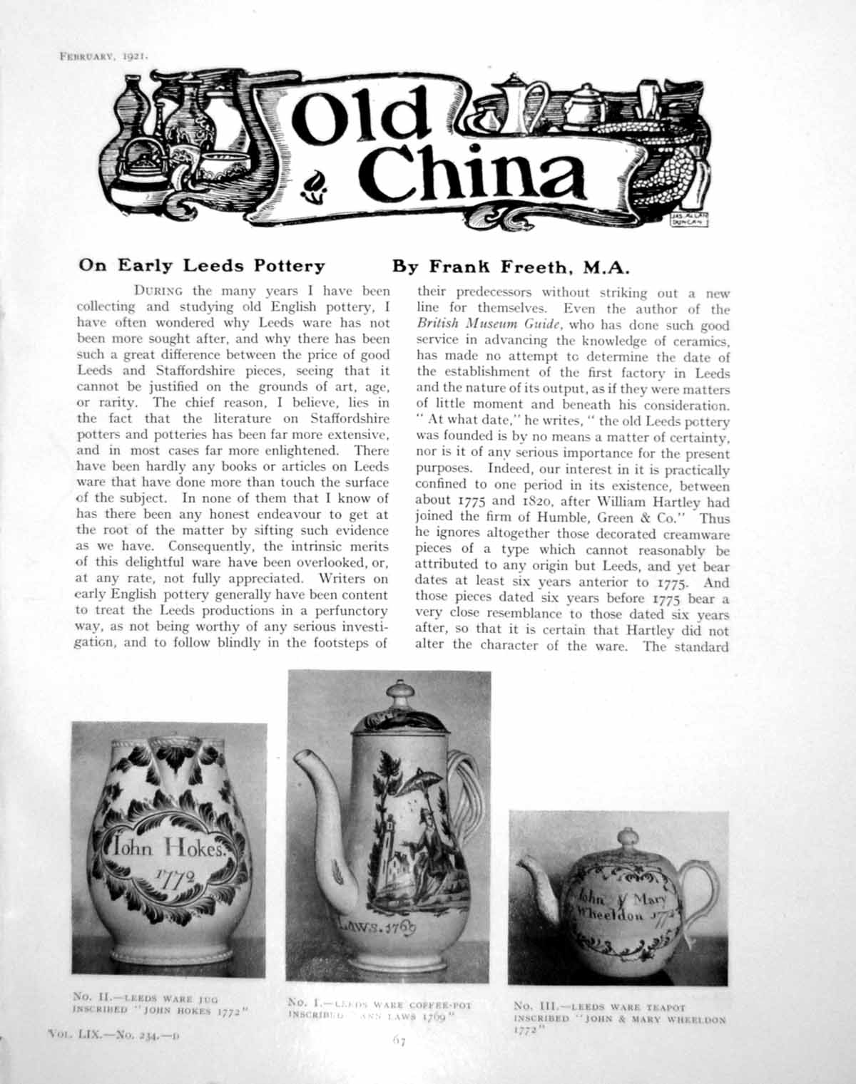 Original Old Vintage Print On Early Leeds Pottery Inscribed NamesPages 1921