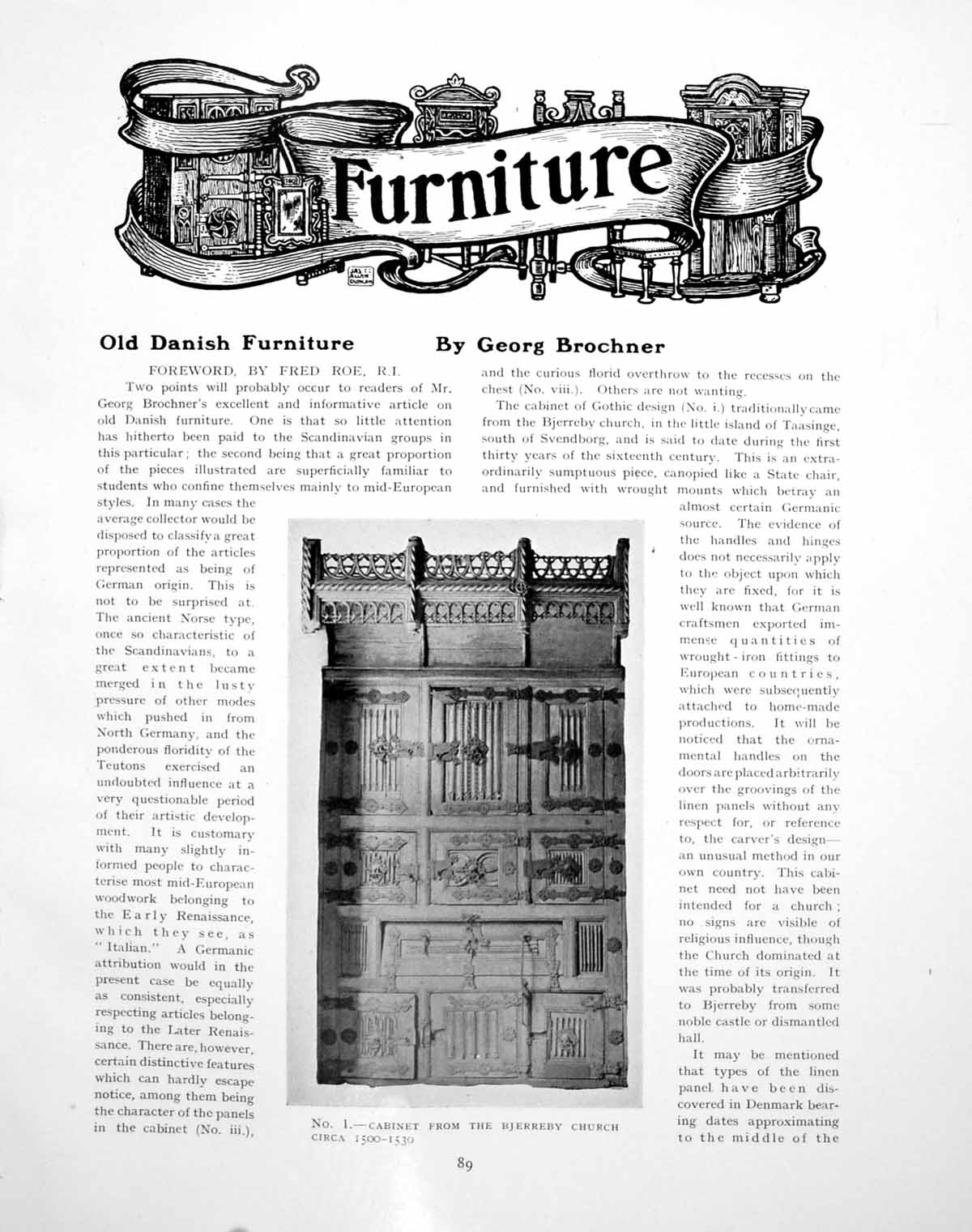 Old Vintage Print Danish Furniture Cabinet Bjerreby ChurchPages 1921