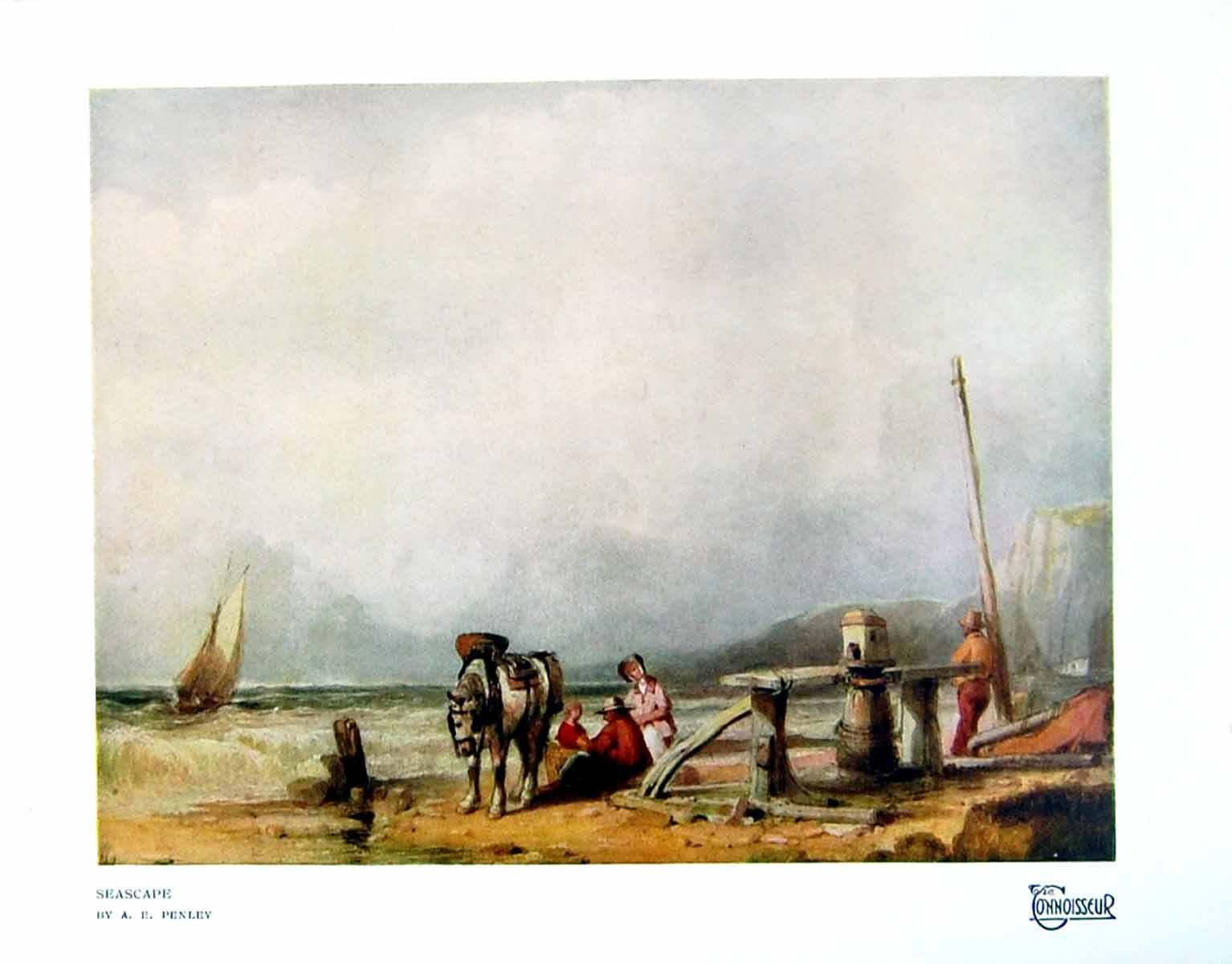 Antique Old Print Seascape Ae Penley Boat Horse Family Beach Ropes Man 1921