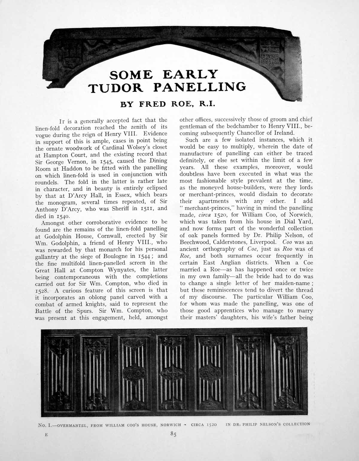 Antique Old Print Some Early Tudor Panelling Overmantel NorwichPages 1922
