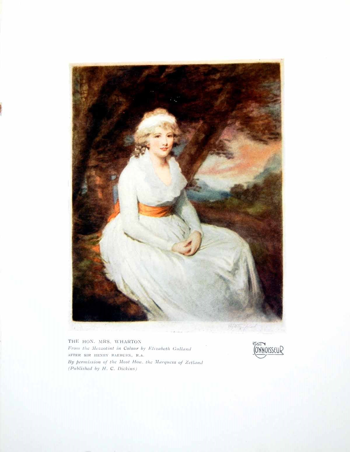 Antique Old Print Hon. Mrs Wharton Lady Seated Under Tree Orange Sash 1923 20th