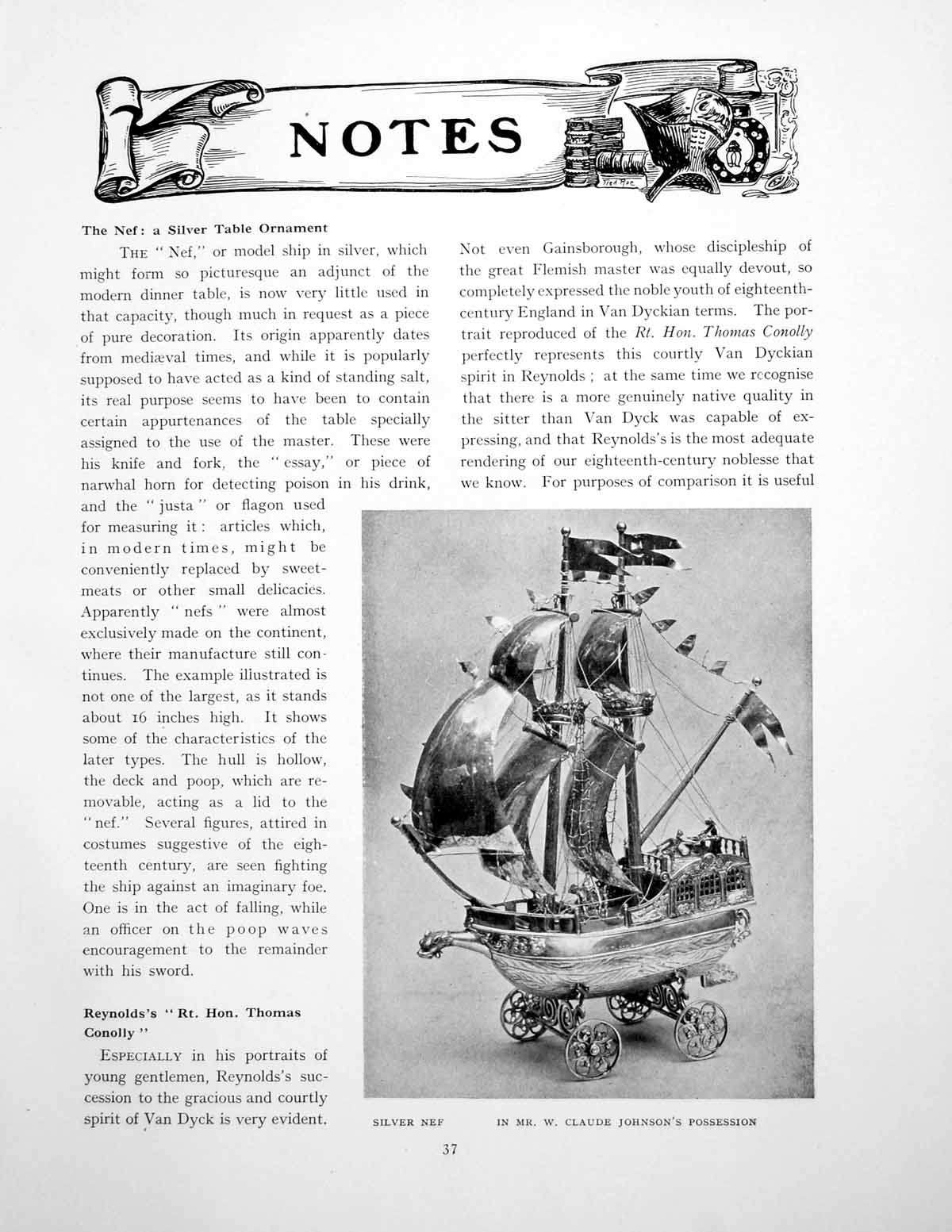 Antique Old Print Notes Silver Nef Table Ornament Thomas ConollyPages 1923