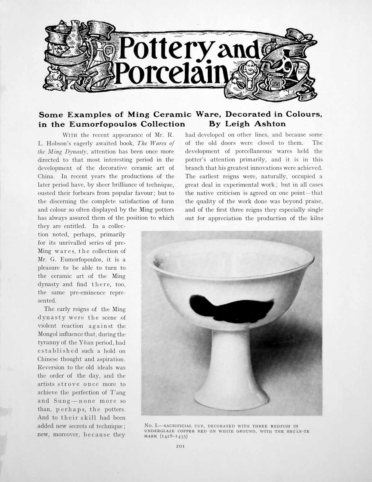 Original Old Vintage Print Ming Ceramic Ware Decorated In ColoursPages 1923