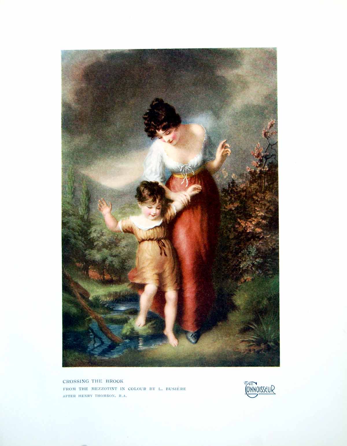 Antique Old Print Crossing The Brook From Mezzotint In Colour L Busiere 1923