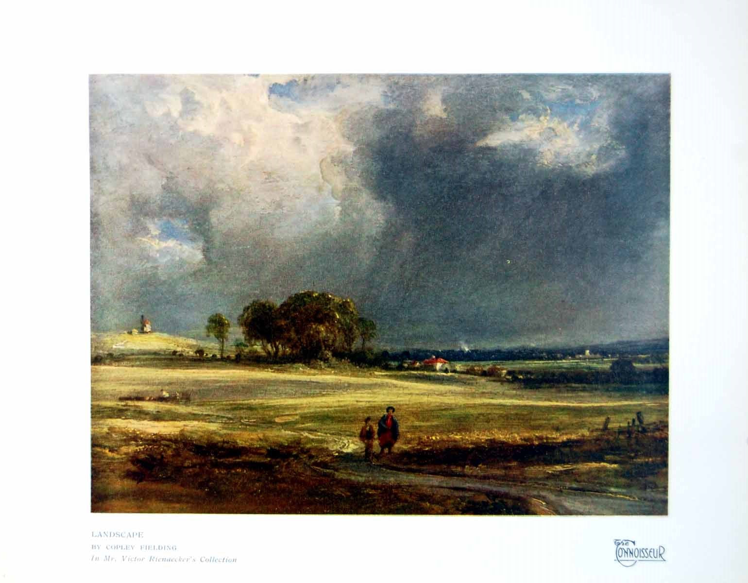 Old Print Landscape By Copley Fielding Trees Clouds Buildings People 1923 20th