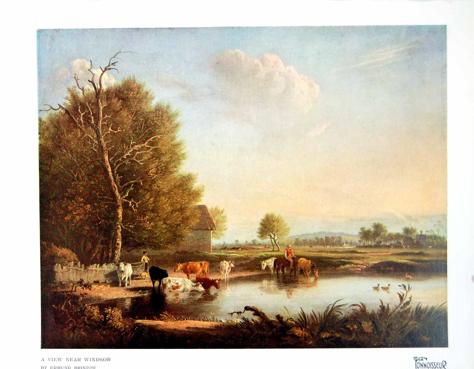 Old Print A View Near Windsor By Edmund Bristow Cattle Horses Water 1923 20th