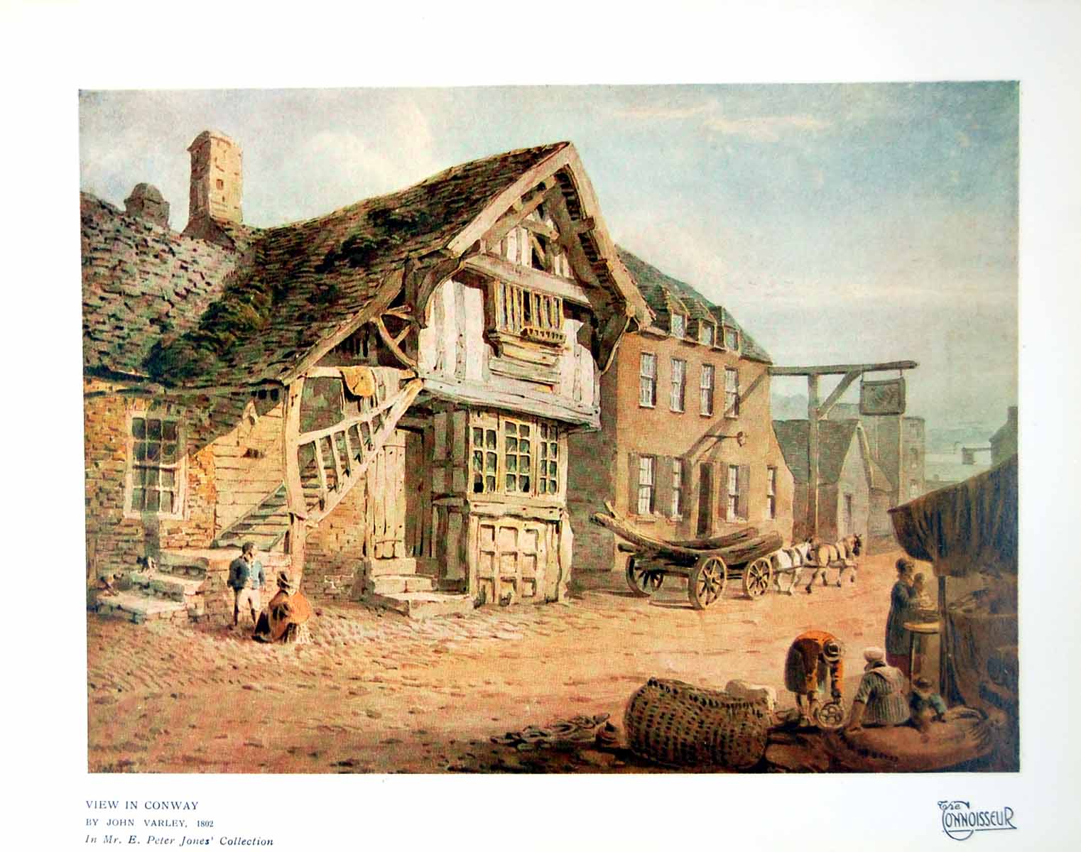 Antique Old Print View In Conway John Varley House Stairs Horses Cart 1924 20th