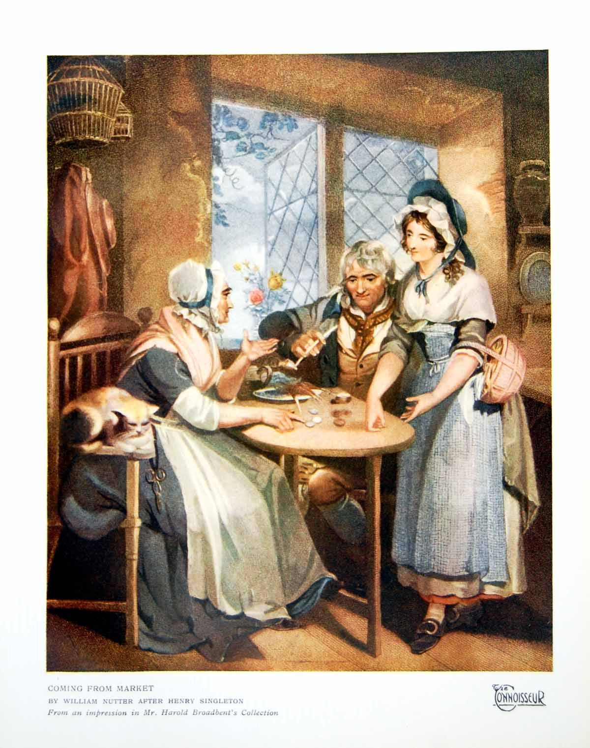 Old Print Coming From Market Ladies Table Coins Man Pipe Cat Inside 1924 20th