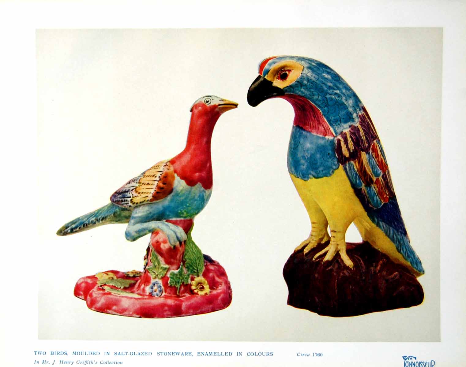 Old Vintage Print Two Birds Moulded Salt Glazed Stoneware Enamelled 1924 20th